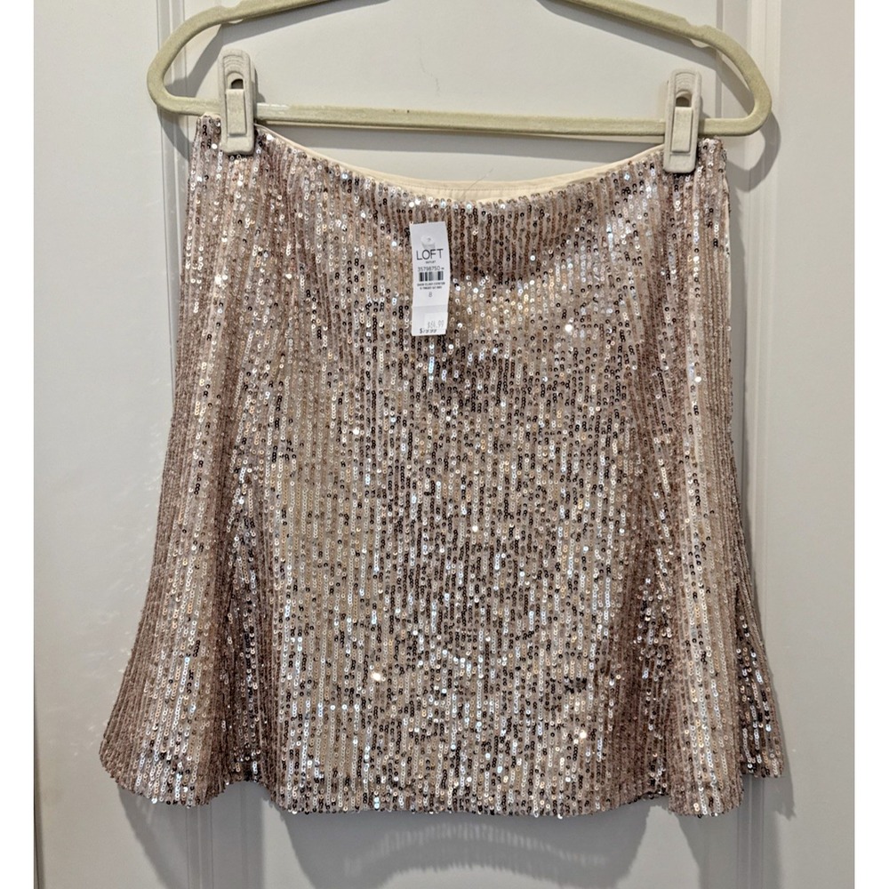 LOFT Outlet Women Champagne Sequin A-Line Knee Length Skirt Size 8 Side Zip NWT